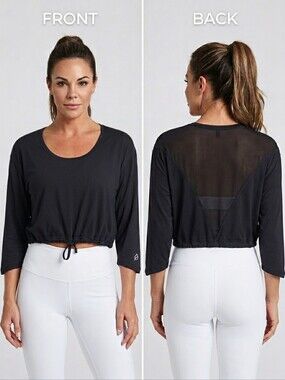 Ptula Molly Freestyle 3/4 Crop Pullover Black Mesh Back Top Small